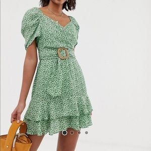 green floral mini dress with belt